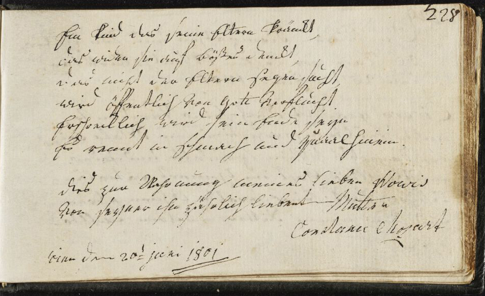 Stammbucheintrag Constanze Mozarts, 20. Juni 1801 (Quelle: Mozarteum Salzburg, http://dme.mozarteum.at/DME/briefe/letter.php?mid=3191&cat=6)